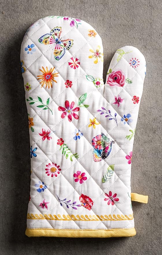 Maison d' Hermine Oven Gloves 100% Cotton Oven Mitt 7" x 13" with Loop Heat Resistant, BBQ, Cooking Gloves, Grilling, Kitchen, Handling Hot Pans Spring/Summer (Pack of 1, Happy Florals - Sweety)