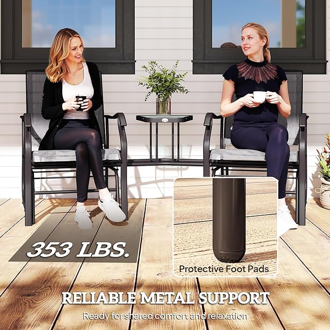 Outsunny Outdoor Glider Chairs with Coffee Table, Patio 2-Seat Rocking Chair Swing Loveseat with Breathable Sling for Backyard, Garden, and Porch, Gray