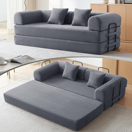 Sofa Bed, Corduroy Sleeper Sofa Bed with Fixed Frame, Floor Sofa Lounge with Pillow, Convertible Folding Mattress Couch for Living Room, Bedroom, Lounge, Studio (Dark Grey)