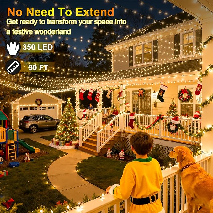 350LED 90FT Christmas Lights Indoor Outdoor, 12 Modes Warm White Outdoor String Lights with Timer & Dimmable, Green Wire Christmas String Lights for Indoor Tree Patio Yard Fence Bedroom Wedding Garden