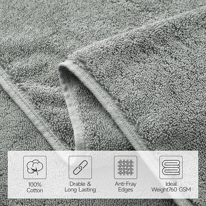 REDKISS Large Bath Towels Set 2 Piece, 100% Cotton, 31x63 in,Heavyweight 760GSM, Highly Absorbent & Quick Dry, Super Soft Luxury Bath Towel for Bathroom,Hotel Collection - Gray