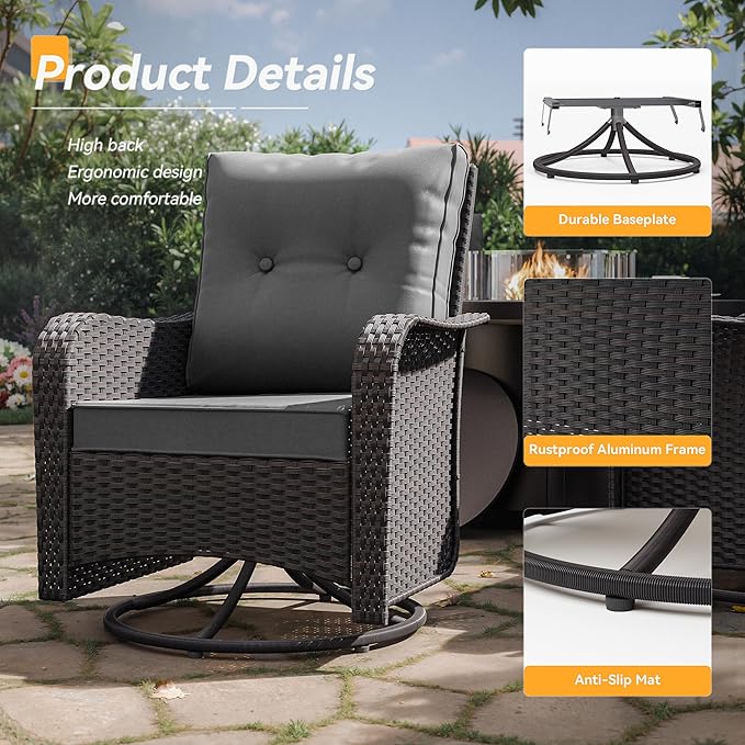Kurapika 5 Pieces Patio Furniture Set, Rattan Wicker Outdoor Conversation Sets, 4 Woven Rattan Swivel Chairs w/48in Propane Fire Pit Table and Thickened Cushions, Grey