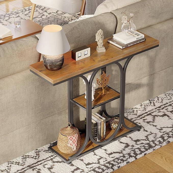 GiftGo Narrow Console Table for Entryway Industrial Sofa Table Behind Couch Ellipse Frame Rustic Wooden Accent Tables with Storage Shelves for Living Room, Hallway, Foyer (Brown)