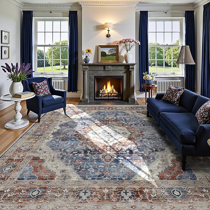 Deerly Rug 8x10 Area Rug Boho Washable Rug Large Rugs for Bedroom Living Room Vintage Non-Slip Oriental Distressed Carpet Indoor Stain Resistant(Border Brown/Navy Blue)