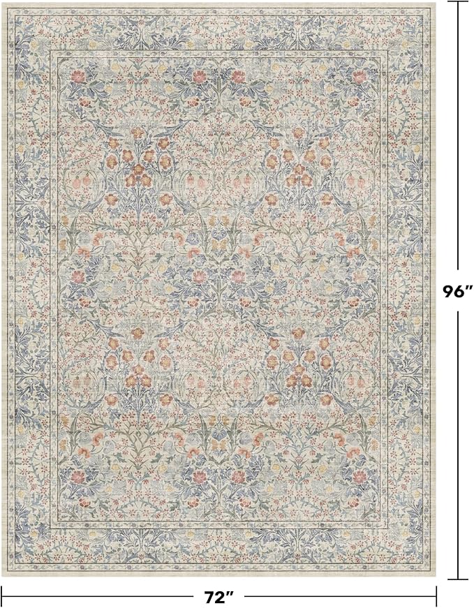 Boho Beige Blue Living Room Rug 6x8 - Vintage Retro Floral Paste Neutral, Washable Low Pile Non-Slip Large Area Rugs for Dining Under Table, Bedroom