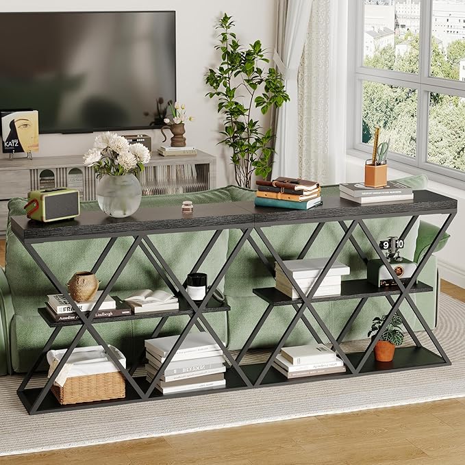 Garvee 3-Tier Entryway Table, Industrial Console Sofa Table with Storage, Accent Table with Open Shelves, X-Shaped Metal Frame, Foyer Table for Entryway, Hallway, Black