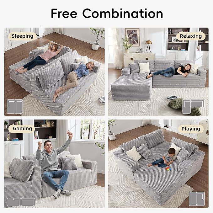 108" Boneless Couches for Living Room, Modular Sectional Sofa with Oversized Chaise, L-Shape Cloud Couch with Deep Seat, High-Density Memory Foam, No Assembly Required, Plush Corduroy Grey