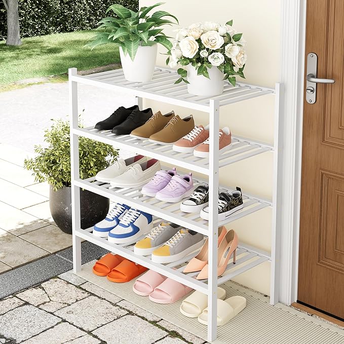 Smiry Shoe Rack, 4 Tier Thick Bamboo Shoe Organizer, Stackable Free Standing Wooden Shoe Storage Shelf for Closet, Entryway, Front Door Entrance, White