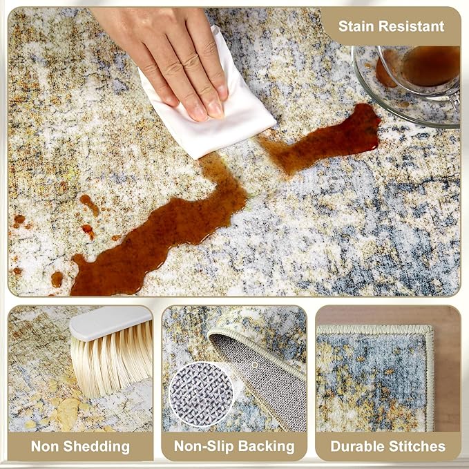 Area Rug Living Room Rugs - 8x10 Modern Abstract Soft Indoor Neutral Washable Rug Stain Resistant Non-Slip Low Pile Carpet for Bedroom Dining Room Home Office - Blue/Grey/Yellow