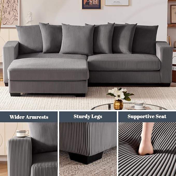 101.6" Deep Seat Modular Sectional Sofa, Thickened Corduroy Sectional Couches for Living Room, Comfy L-Shaped Upholstered Cloud Couch with Chaise, Widened Armrests for 4 People, Dark Grey