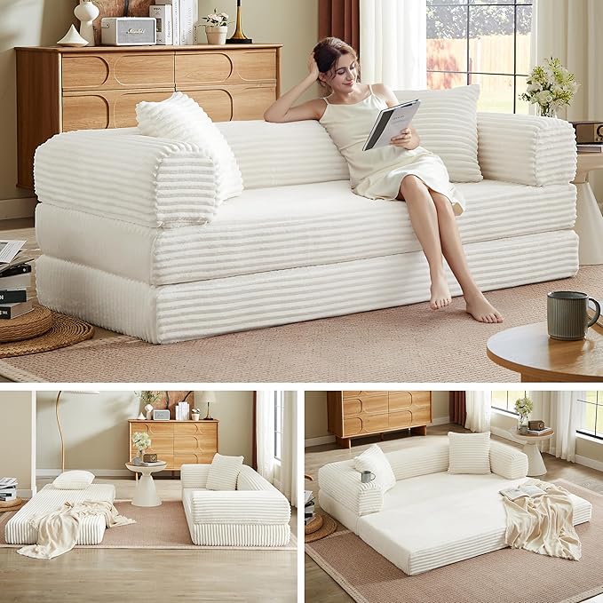 Boneless Couch Sofa Bed Sectional Couches for Living Room,Futon Cloud Couch with Sleeper Sofa,Sofas for Living Room Oversized Corduroy Upholstered (White)