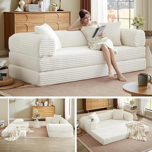 Boneless Couch Sofa Bed Sectional Couches for Living Room,Futon Cloud Couch with Sleeper Sofa,Sofas for Living Room Oversized Corduroy Upholstered (White)