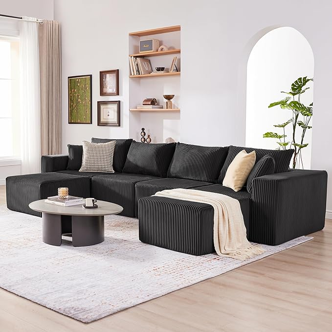 135.4" Cloud Couch Sectional, Modular Sectional Sofa with Deep Seat, Plush Corduroy U Shaped Boneless Couch, Convertible Sectional Couches for Living Room, 6Seat, Black