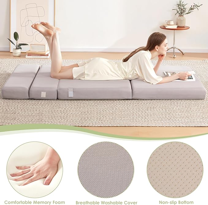 Folding Sofa Bed Foldable Futon Couch Bed 4Inch Sleeper Floor Sofa for Adults, Camper, Guest, with Headrest, Breathable & Washable Cover (Twin)