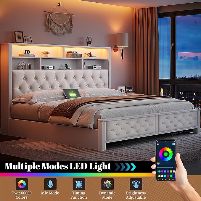 EnHomee King Size Bed Frame with 4 Drawers and Upholstered Storage Headboard,Wooden King Bed Frame with Charging Station and LED Lights,NO Noise,No Box Spring Needed,Beige