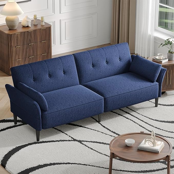 89” Futon Sofa Bed,Comfy Futon Couch Bed with 2 Square Pillows,Convertible Sleeper Sofa with Adjustable Backrest& Armrests, Modern Loveseat Sleeper for Living Room, Bedroom, Linen Blue