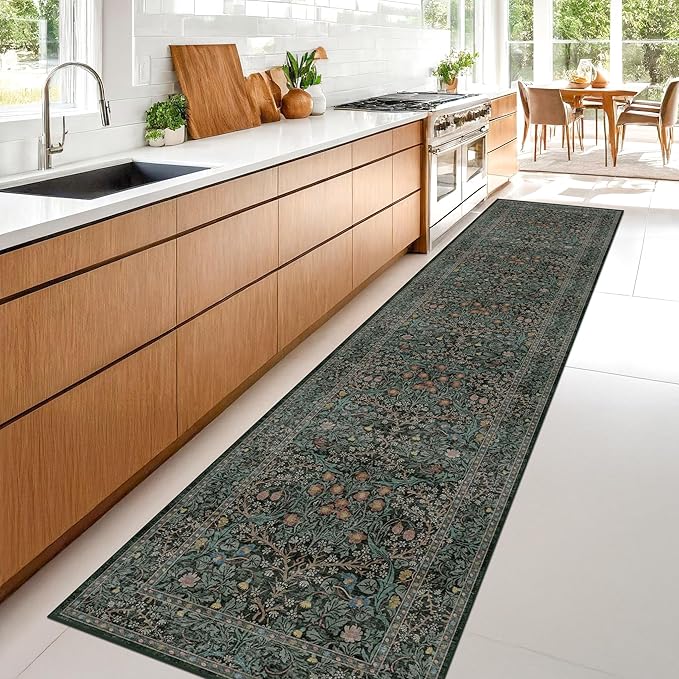 Dark Green Washable 3x16 Extra Long Runner Rug for Hallway Non Slip, Large Kitchen Indoor Floor Rugs for Entryway Hall Way, Soft Stain Resistant Low Pile Vintage Floral Carpet