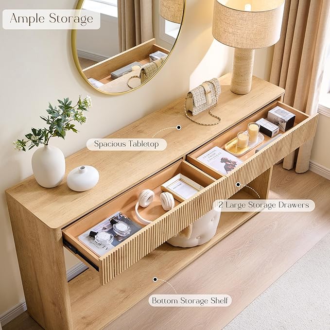 OKD 63" Fluted Console Table for Entryway, Modern Entryway Table with 2 Large Drawers, Long Sofa Table Behind Couch for Living Room, Hallway, Couch, Foyer，Natural Oak