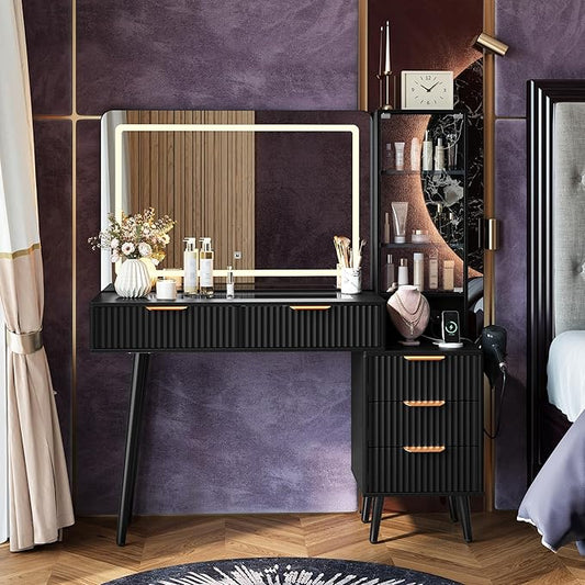 GarveeHome Fluted Makeup Vanity Desk with Lights, 48" Big Vanity with Glass Top and Large 36" HD Lighted Mirror, Modern Dressing Table with 5 Drawers 3-Tier Shelves Set w/Charging Station (Dark Grey)