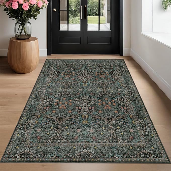Dark Green Floral Living Room Rug 5x7 Area Rug - Vintage Forest Washable Mat for Dining Room, Bedroom, Low Pile Non Slip Stain Resistance Distressed Retro Indoor Boho Carpet (5x7 Dark Green)