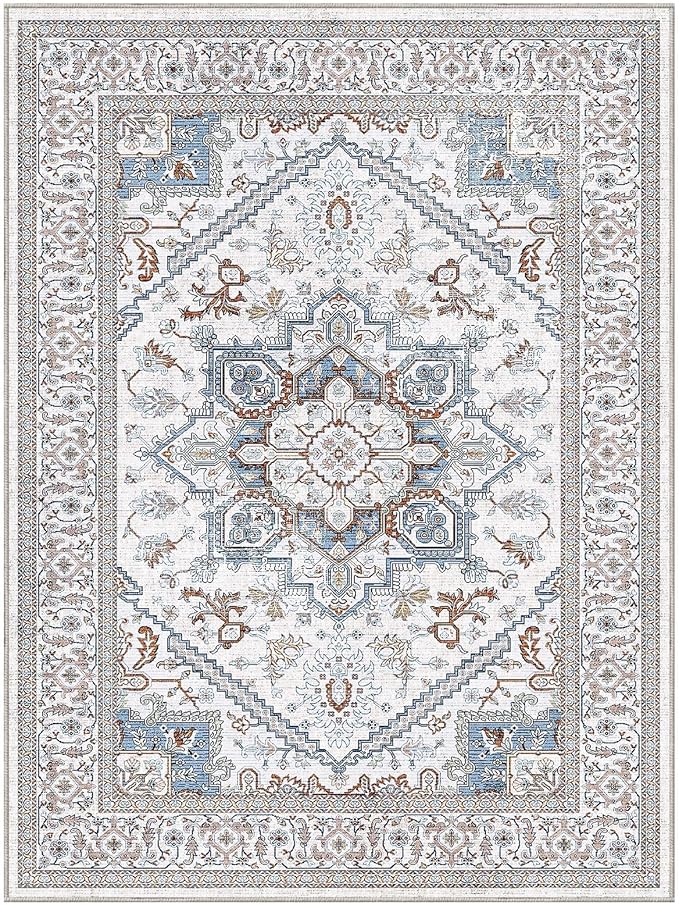 OPPODREAM Thin Neutral Area Rugs 9x12 Living Room, Washable Rugs 9x12 with Non Slip Backing, Faux Cashmere Low-Pile 9 x 12 Carpet, Cream White & Blue & Light Brown
