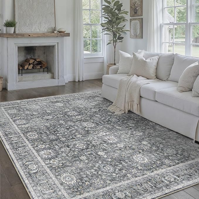 Blue 8x10 Area Rug Non Slip Large Vintage Living Room Distressed Machine Washable Retro Carpet Indoor Bedroom Traditional Floral Accent Throw Rug for Office Kitchen Dorm Dining Room