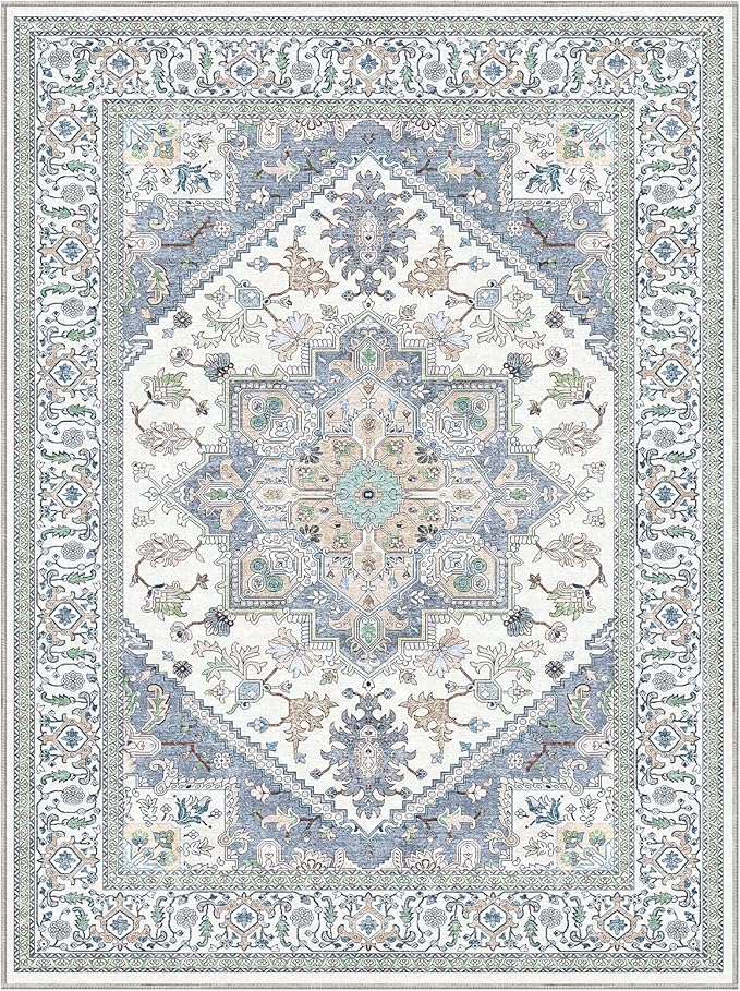 OPPODREAM Thin 8x10 Area Rugs, Washable Rugs 8x10 with Non Slip Backing, Faux Cashmere Low-Pile 8 x 10 Carpet, Purple & Green & Cream