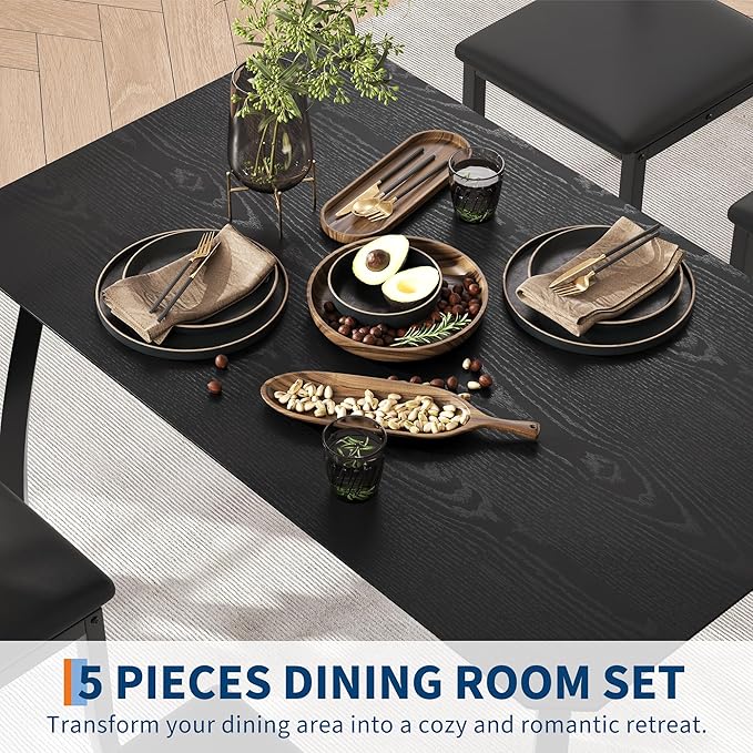 GAOMON 5 Piece Dining Table Set for 4, Space-Saving Kitchen Table with Upholstered Chairs, Modern Angled Corner Design, Compact Dinner Set for Small Spaces, Apartment, Dining Room, Black