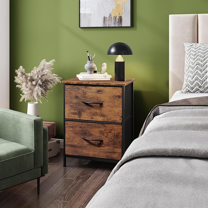 WLIVE Night Stand Set of 2, Small Dresser with 2 Drawers & Wooden Top, Nightstand with Fabric Bins, Bedside Table End Table for Bedroom, Closet, Entryway, College Dorm, Rustic Brown