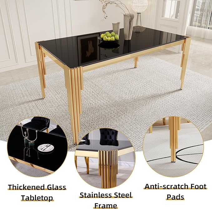 5 Piece Glass Dining Table Set, Morden Kitchen Table Set for 4 with 51" Black Glass Dining Table and 4 Black Velvet Upholstered Chairs for Kitchen, Gold Legs