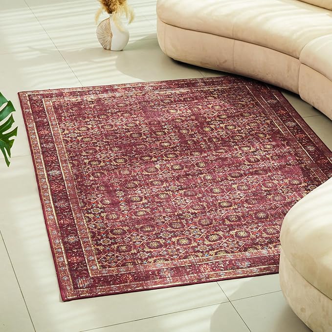 6x9 Soft Washable Area Rugs for Living Room and Bedroom, Non-Slip Stain Resistant Indoor Carpet, Cozy Floor Mat for Dining Room, Office, Under TableStain Resistant Persian red Floral