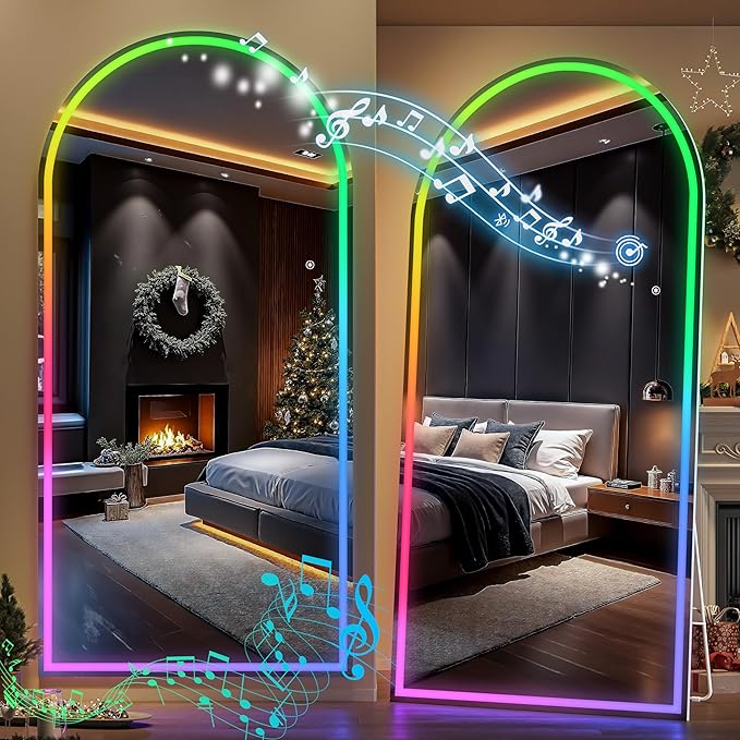 Hasipu 78.7" x 35.4" Arch LED RGB Bluetooth Full Length Mirror with Stand ＆ 7 Color Lighting Modes, Full Body Mirror with White Frame for Bedroom, Living Room, Dressing Room