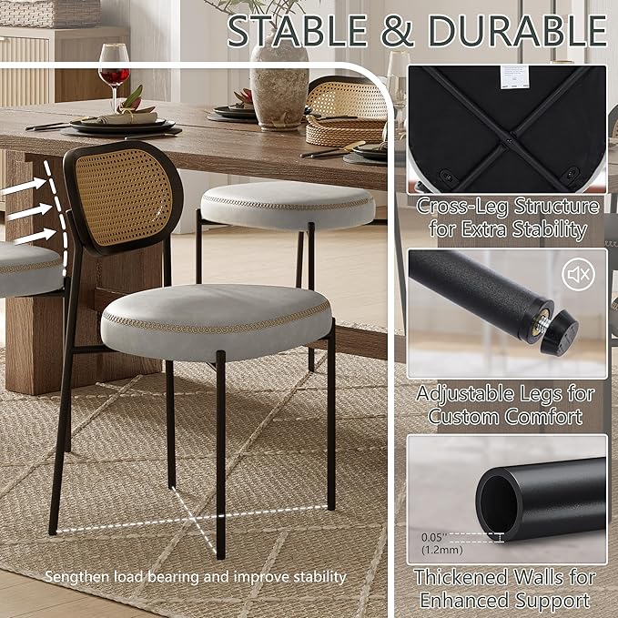 Rattan Dining Chairs Set of 4, Beige Leather Upholstered Dining Chairs with Rattan Cane Back, Mid Century Modern Dining Room Chairs with Black Metal Legs & D-Shaped Thicken Cushion, Beige