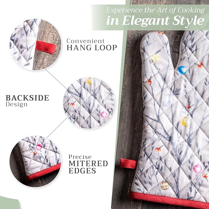 Maison d' Hermine 100% Cotton Oven Mitt & Pot Holder Set (7.5"x13" & 8"x8") Heat Resistant BBQ Cooking Gloves with Loop for Thanksgiving Christmas Decorations Handling Hot Pans (Fairy Christmas)