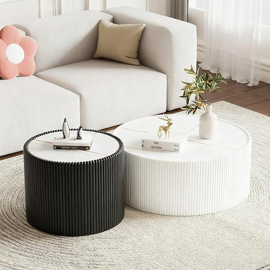 Round Coffee Table Set with Sintered Stone Tabletop, 29.52" White Drum Center Table and 17.71" Black Coffee Table Set, 2 Pieces Living Room Table Set with Fluted PU Leather Cover& Stable Base