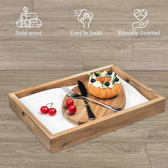 Natural Acacia Wooden Rectangular Serving Tray with Handles, Set of 2 (15"x11"), Large Tray for Ottoman, Breakfast in Bed, Dinner, Coffee Table Decor & Kitchen