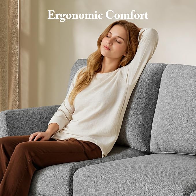 3 Seater Sofa Couch with Deep Seats, 89" Mid Century Modern Upholstered Sofa with Armrests, Comfy Couches for Living Room, Bedroom and Office, Linen Fabric Apartment Couch (Linen Grey)