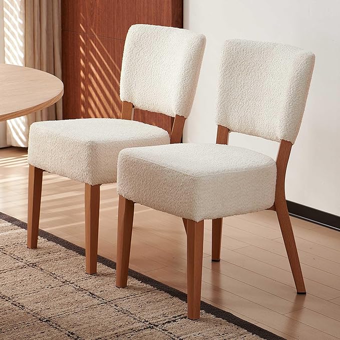 Howtek Modern Dining Chairs Set of 2 with 6.3" Thick Seat Cushions, Space-Saving Stackable Upholstered Kitchen Chairs, Ergonomic Backrest & Wood Grain Metal Legs, White