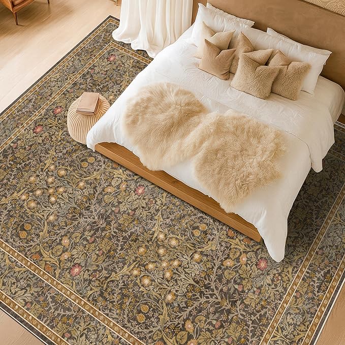 Vintage Floral Living Room Rug 8x10, Gold Brown Washable Area Rugs for Bedroom, Dining Room Under Kitchen Table, Oriental Low Pile Non-Slip Large Indoor Carpet with Taupe Yellow Earthy Tones