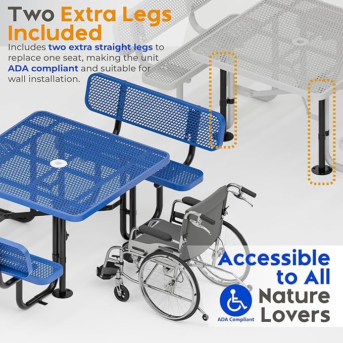 Metal Picnic Tables for Outdoors with Umbrella Hole - Coated Steel Heavy Duty Commercial Grade Furniture with Adjustable Seats (Blue, 46 in, Square with Back, Expanded Steel)