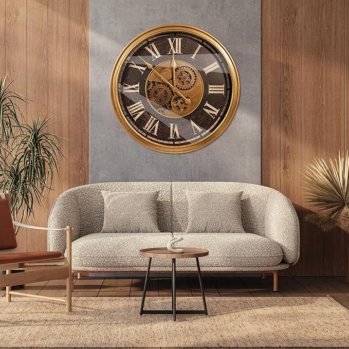 October Elf Large Real Moving Gears Wall Clock 24 Inch Vintage Industrial Steampunk Large Big Metal Wall Clock for Living Room Decor (24 Inch Roman Antique Brass Brown)