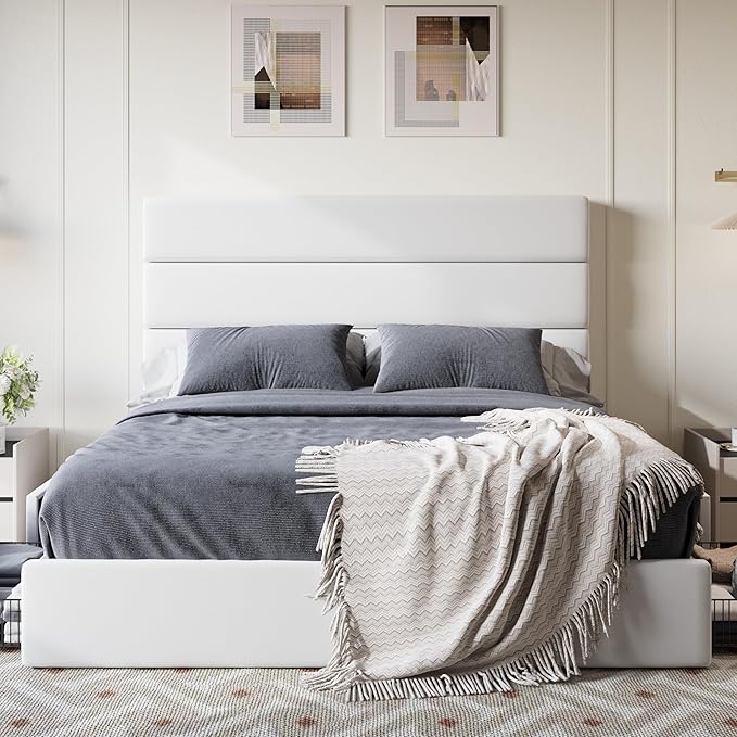 SHA CERLIN Queen Size Platform Bed Frame with 4 Storage Drawers, Velvet Upholstered Headboard, Mattress Foundation with Wooden Slats Support, No Box Spring Needed, Easy Assembly, White