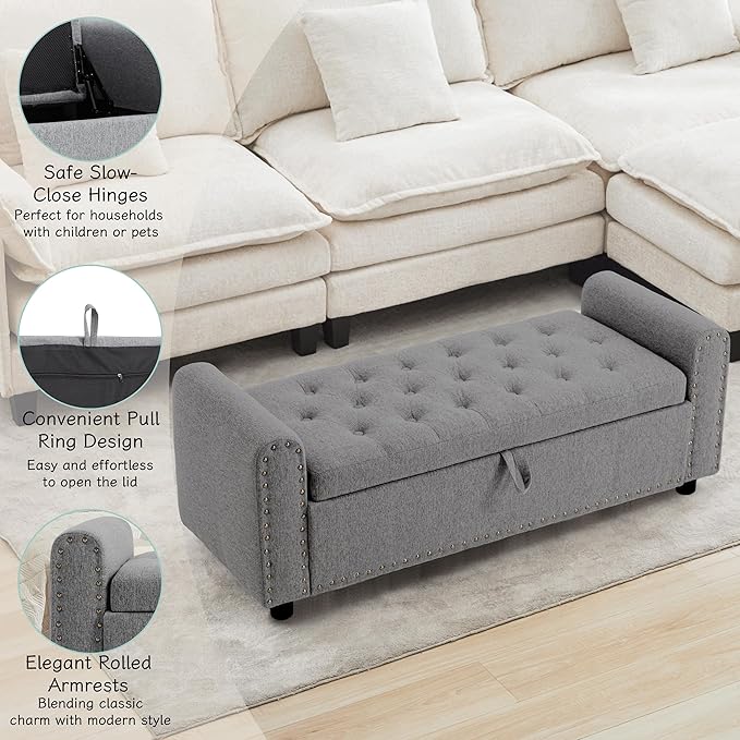 Ottoman with Storage, Tufted Storage Bench for Bedroom, 48" Fabrics End of Bed Bench, Upholstered Entryway Shoe Benches with Rolled Arm & Inner Zipper, Window Ottomans Chest with Rivets, Drak Grey