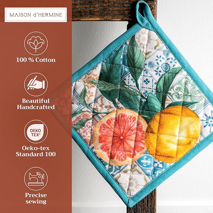 Maison d' Hermine Pot Holders Set 100% Cotton Heat Resistant Potholders 8" x 8" Hot Pads with Loop BBQ, Cooking, Baking, Grilling, Kitchen, Handling Hot Pans Spring/Summer (Pack of 2, Agrume)