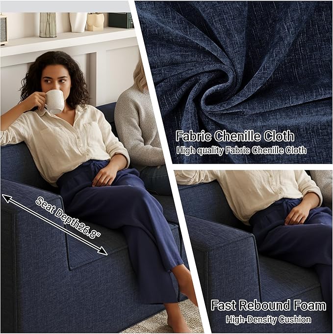 76" Sectional Compressed Sofa Modular Couches Loveseat 2 Deep Seat,High-Density Foam No Assembly Required,2-Piece(2xCorner) for Living Room Fabric Chenille Blue