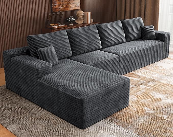 3-Piece Boneless Modular Sectional Sofa, Cloud Couch with Left Facing Chaise, Oversized Deep Seat, Soft Corduroy Fabric, Sectional Couch for Living Room-Grey