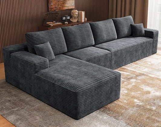 3-Piece Boneless Modular Sectional Sofa, Cloud Couch with Left Facing Chaise, Oversized Deep Seat, Soft Corduroy Fabric, Sectional Couch for Living Room-Grey