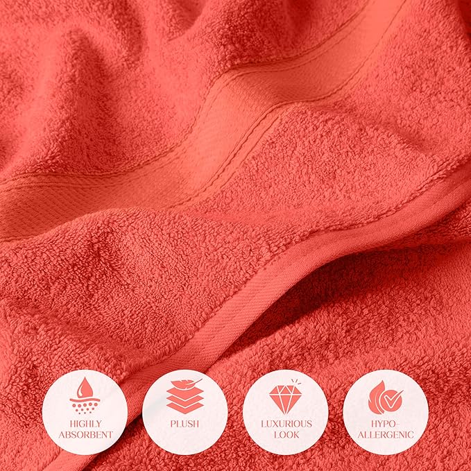 Superior Egyptian Cotton Pile 6 Piece Towel Set, Includes 2 Bath, 2 Hand, 2 Face Towels/Washcloths, Ultra Soft Luxury Towels, Thick Plush Essentials, Guest Bath, Spa, Hotel Bathroom, Coral