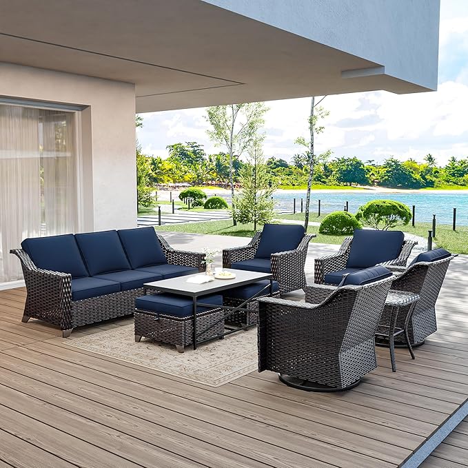 9 Pieces Wicker Patio Furniture, Luxury Outdoor Furniture with 2 Patio Swivel Chair, 2 Chair, 3-Seater Sofa, 2 Ottoman, 1 Coffee Table and 1 Side Table, Wide Armrest, Thickened Cushions