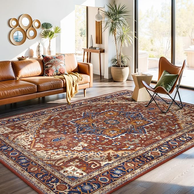 Moynesa Ultra-Thin Washable 8x10 Area Rugs for Living Room, Boho Oriental Rugs for Bedroom Non-Slip Non-Shedding, Large Vintage Carpet for Dining Room Home Office Decor, Brown/Multi